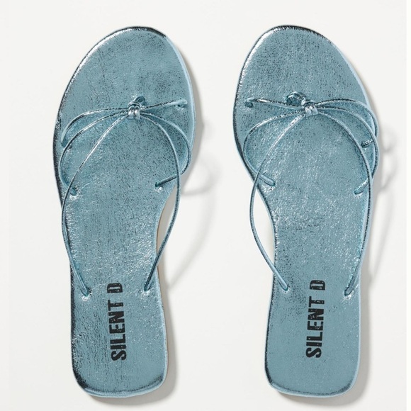 Anthropologie Silent D Blue Metallic Vegan Foil Thong Slide Flat Sandals NWT - Picture 1 of 9